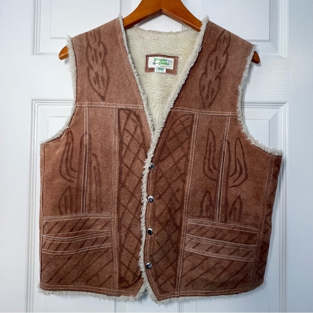 Vintage Genuine Leather Shearling Vest Equestrian Print